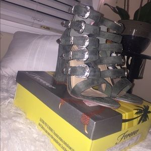 Olive green suede buckle heel