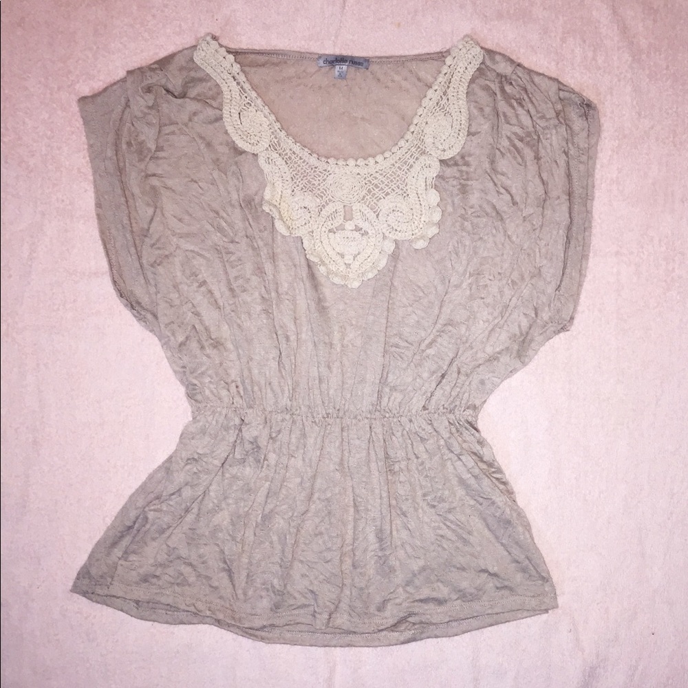 Dressy Tan Top with Crochet-Design Collar