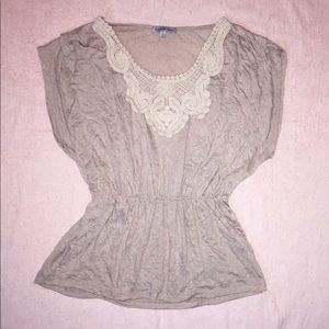 Dressy Tan Top with Crochet-Design Collar