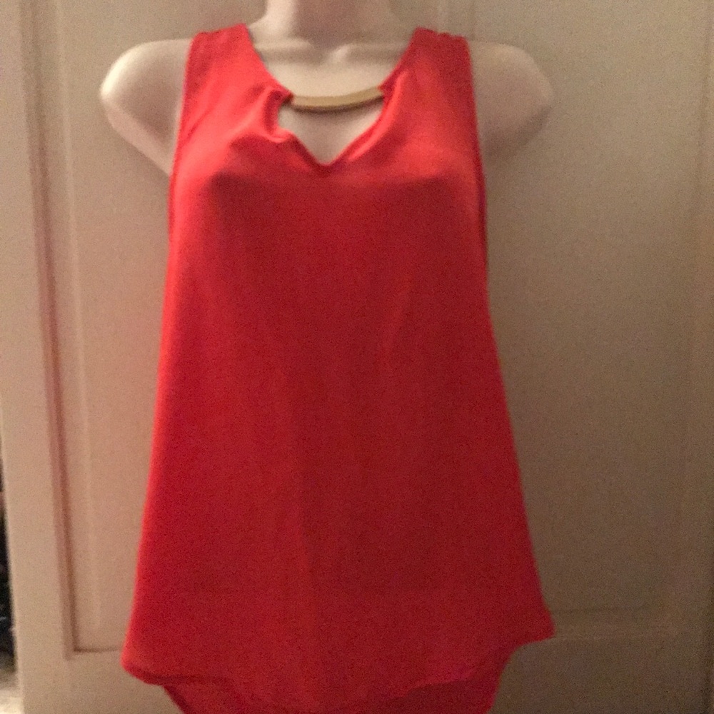 Gently Used Coral Blouse with Gold Bar at Neck!