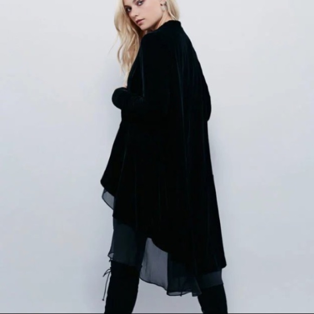 Swingy Velvet DUSTER Jacket Trench Coat Black - Picture 4 of 6