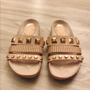 Gold Studded Beige Strappy Slip-on Sandals