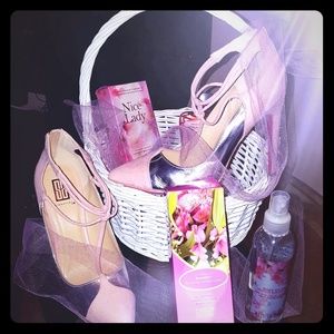 Pink and silver suede heels