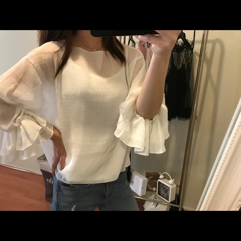 Woven ruffle sleeve crew neck top