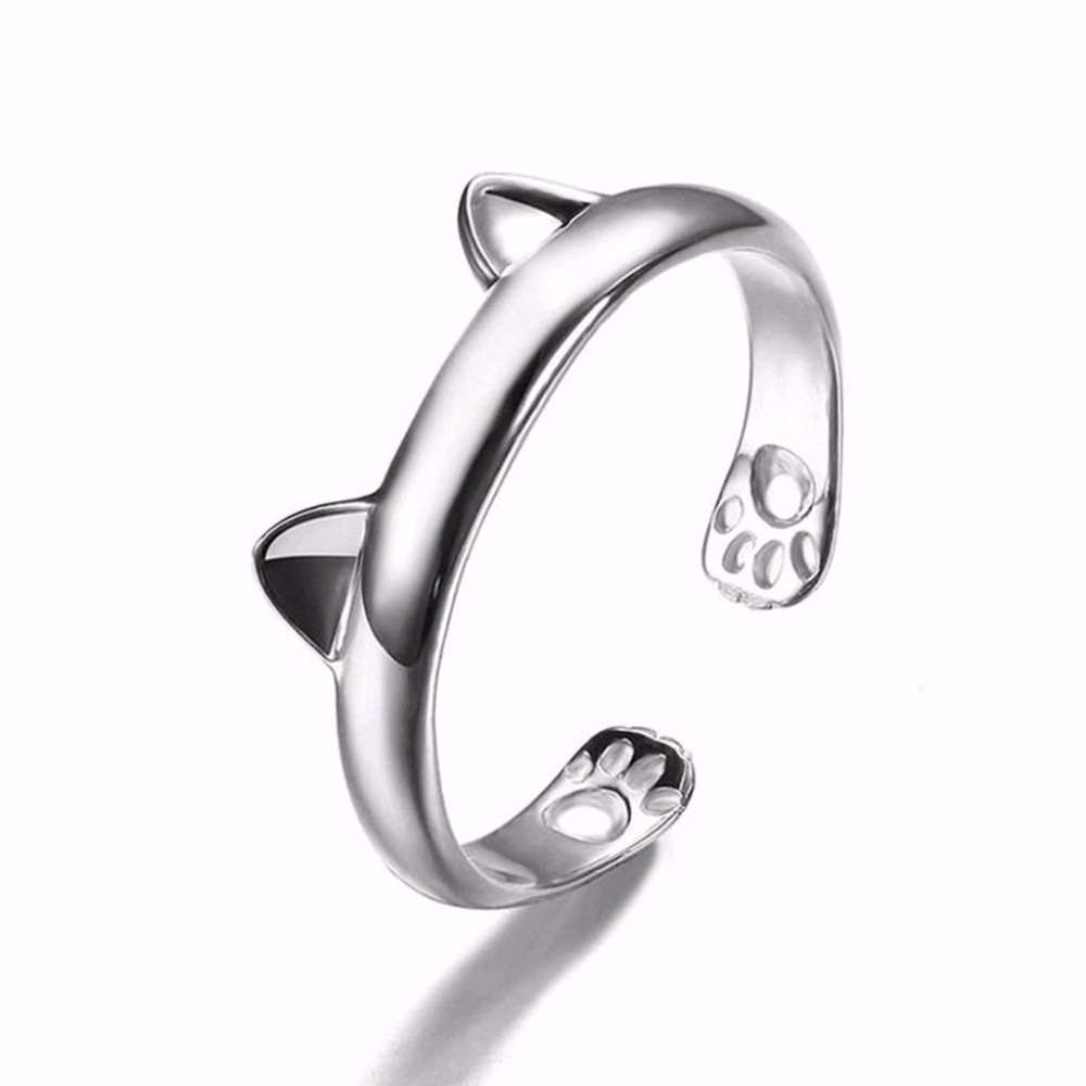 Silver Cat Ear with Paw Print Ring