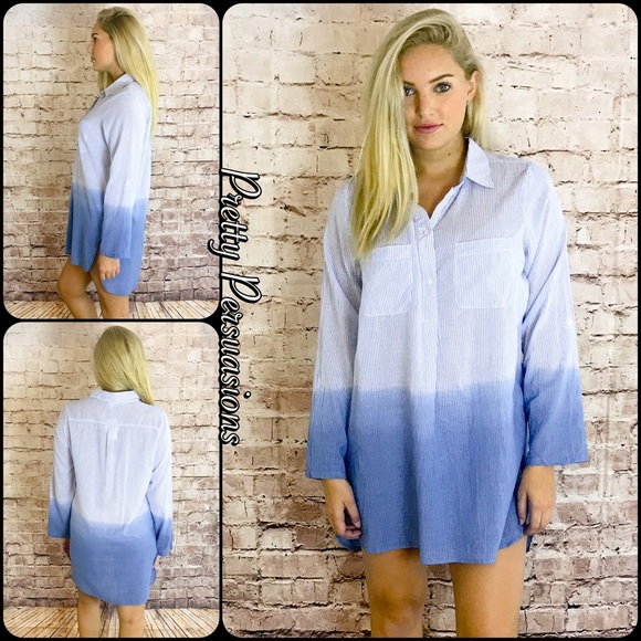 NWT Blue Ombré Long Sleeve Shirt Dress Tunic - Picture 2 of 7