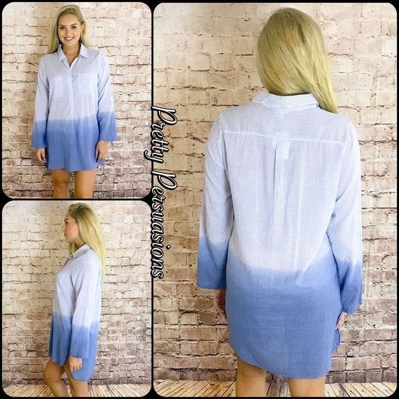 NWT Blue Ombré Long Sleeve Shirt Dress Tunic - Picture 6 of 7