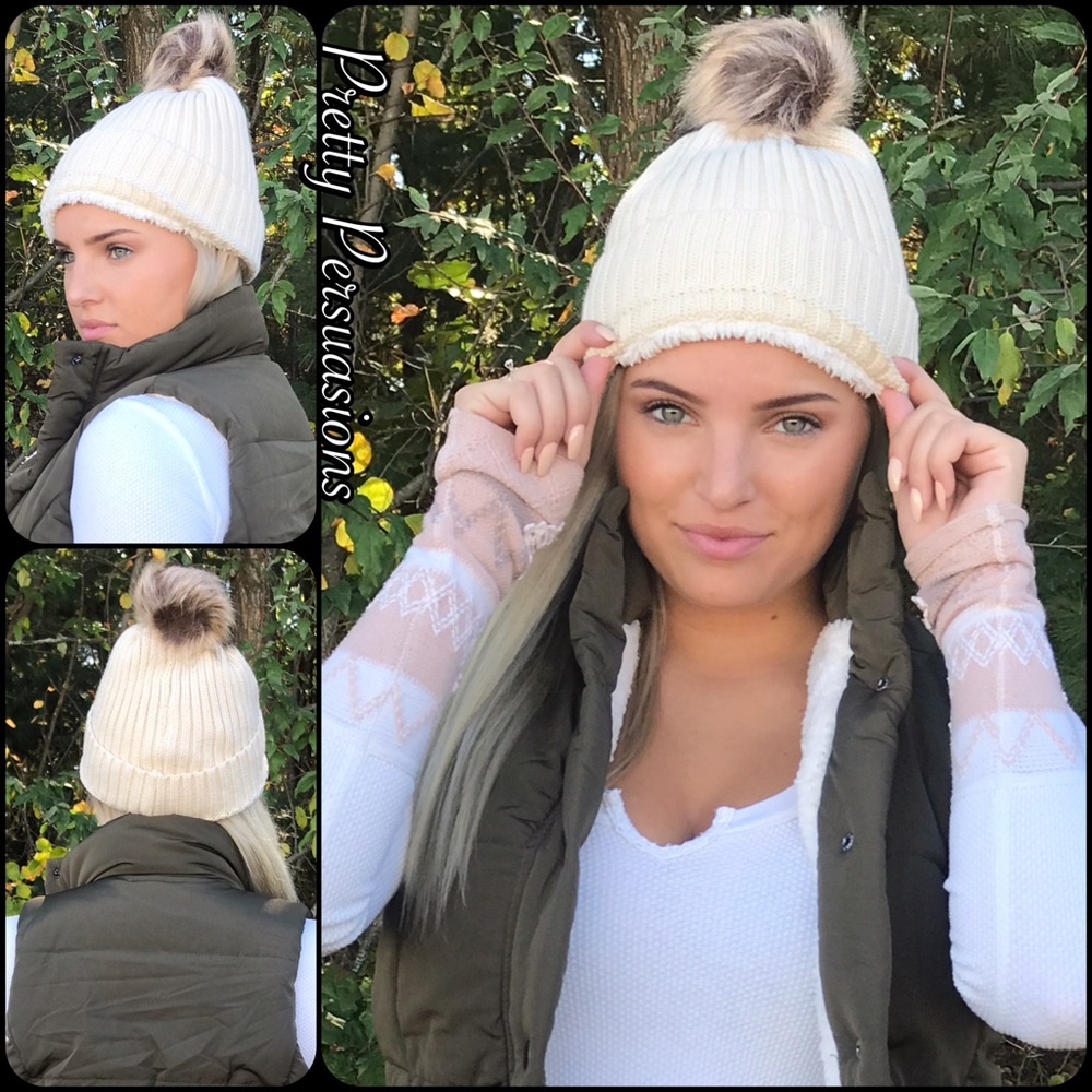 NWT Cream Lined Pom Pom Slouchy Beanie Hat - Picture 3 of 8