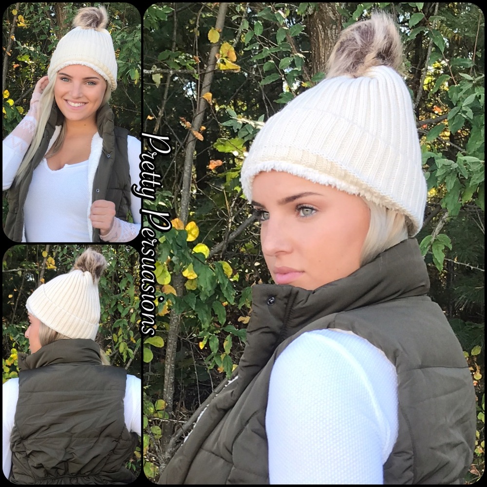 NWT Cream Lined Pom Pom Slouchy Beanie Hat - Picture 4 of 8