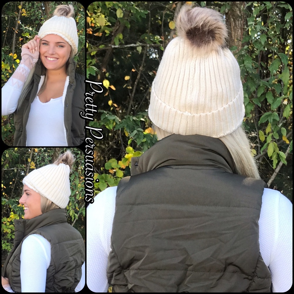 NWT Cream Lined Pom Pom Slouchy Beanie Hat - Picture 5 of 8