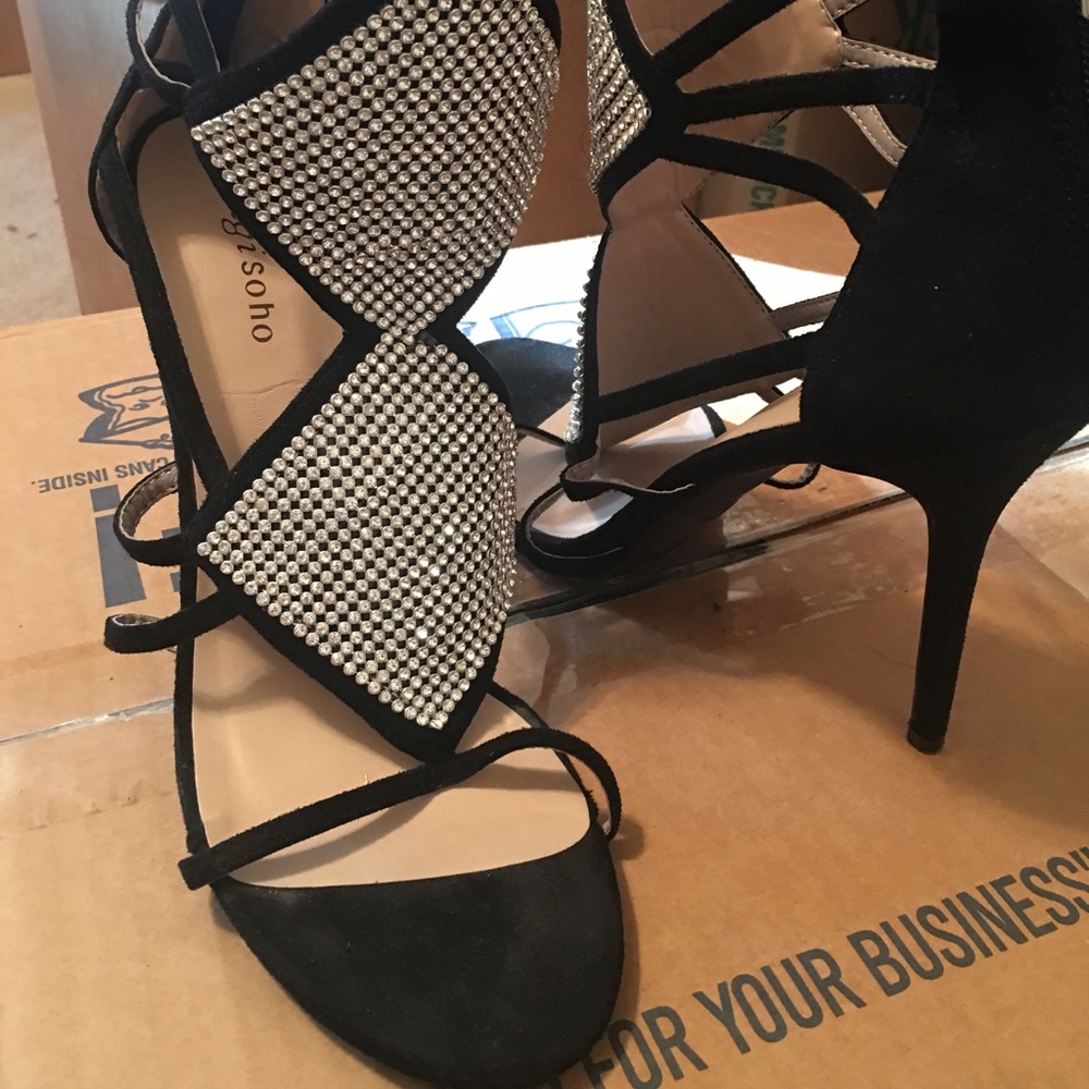 Silver and black open toe heels