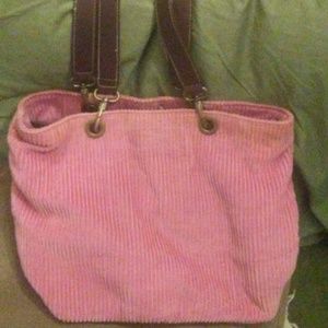 Corduroy Tote in pink w brown leather