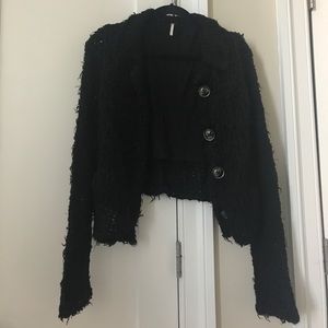 Free People Shaggy Black Button Up Sweater