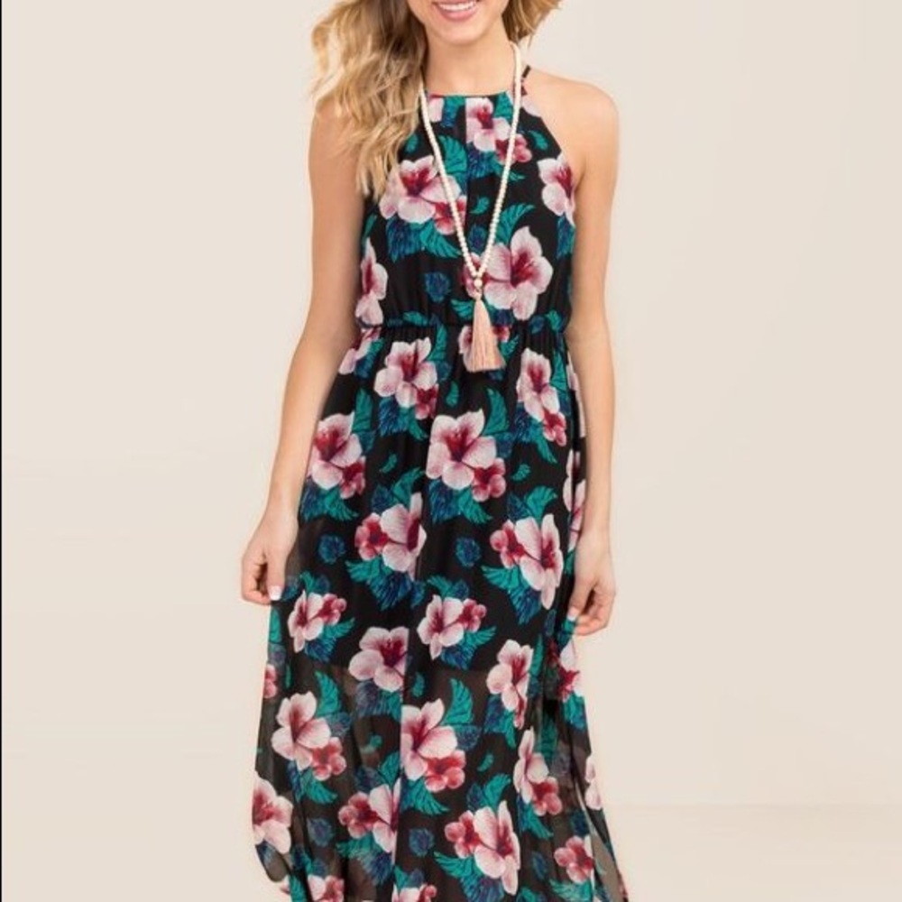 High neck floral print maxi dress