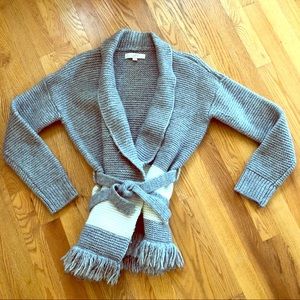 Loft Wool Blend Fringed Wrap Belted Cardigan Med