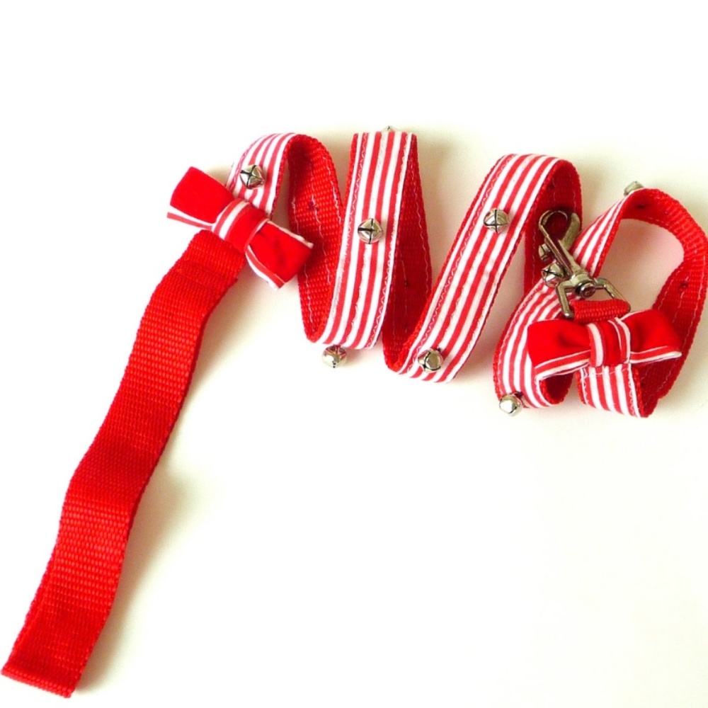 48 Inch Dog Leash Upcycled Red White Stripes Bow Christmas Dog