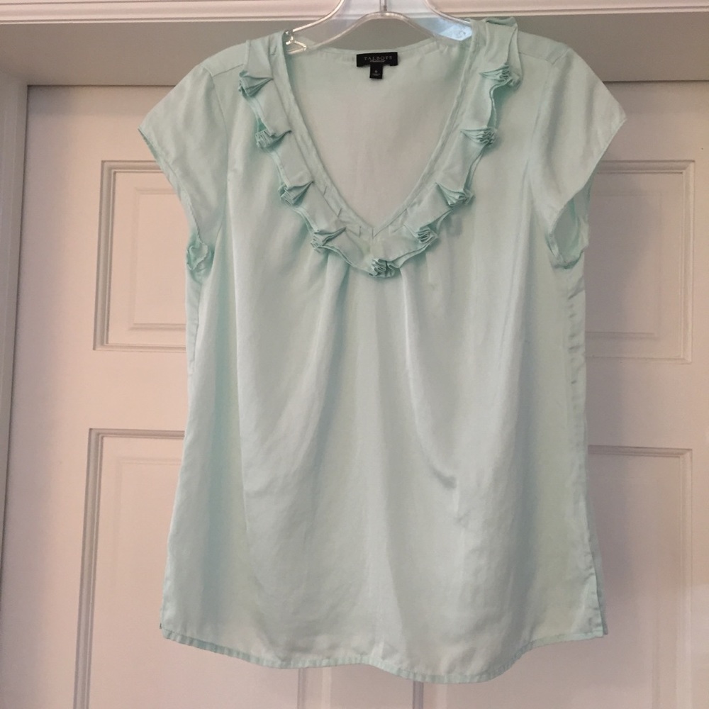 Beautiful aqua ruffle neck blouse
