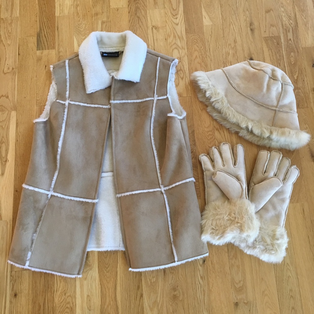 Women's Zippered Vest, Cap, Gloves with suede feel