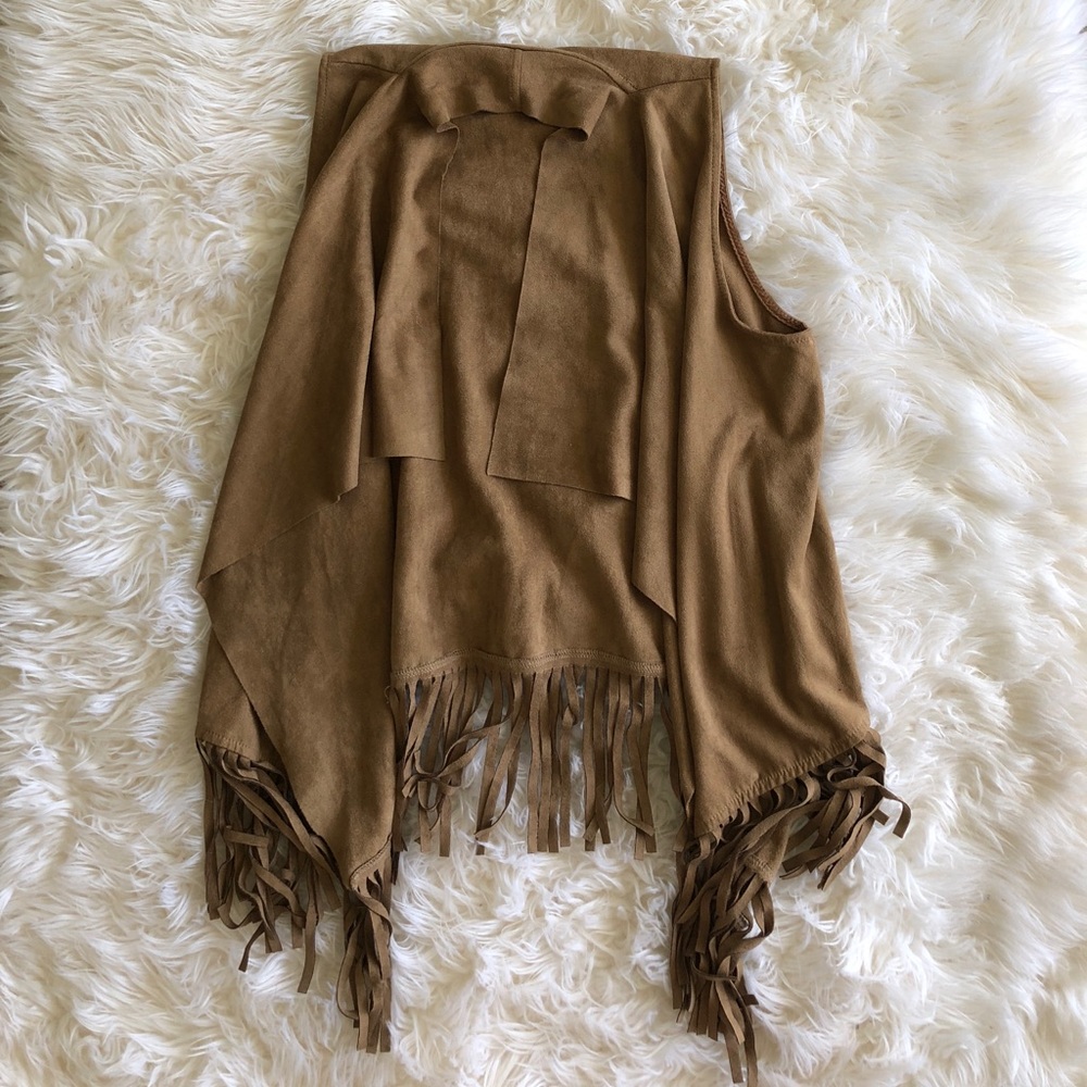 Faux suede drape fringe vest