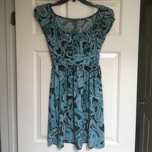 Brown and green paisley dress with cap sleeves
