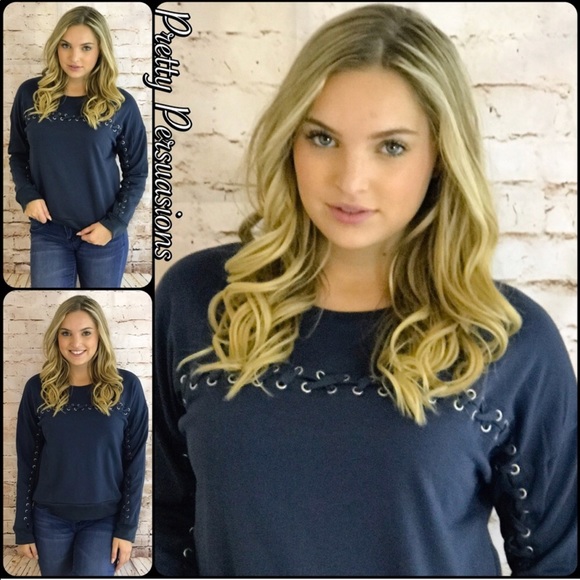 ❤️ SEE NEW LISTING ❤️ “Lace Me Up” Cozy Indigo Sweater - Picture 4 of 4