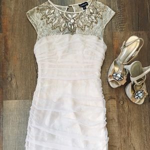 Beaded neck lace dress with sheer mesh overlay