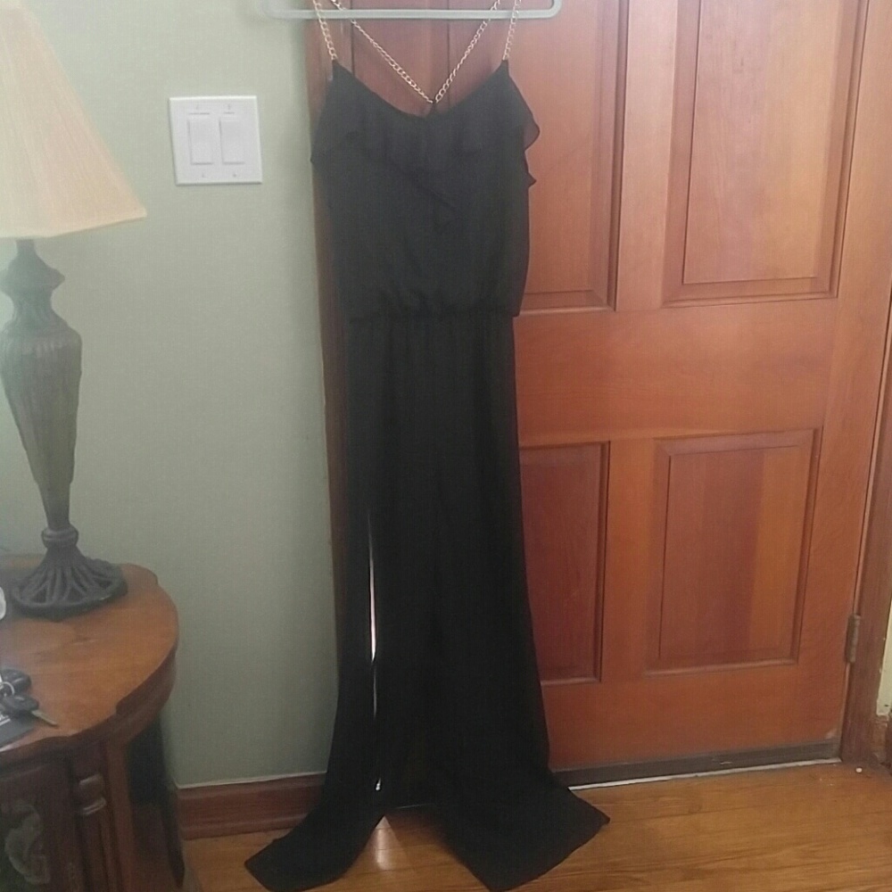 Black chain detail sheer leg jumpsuit - Picture 2 of 3
