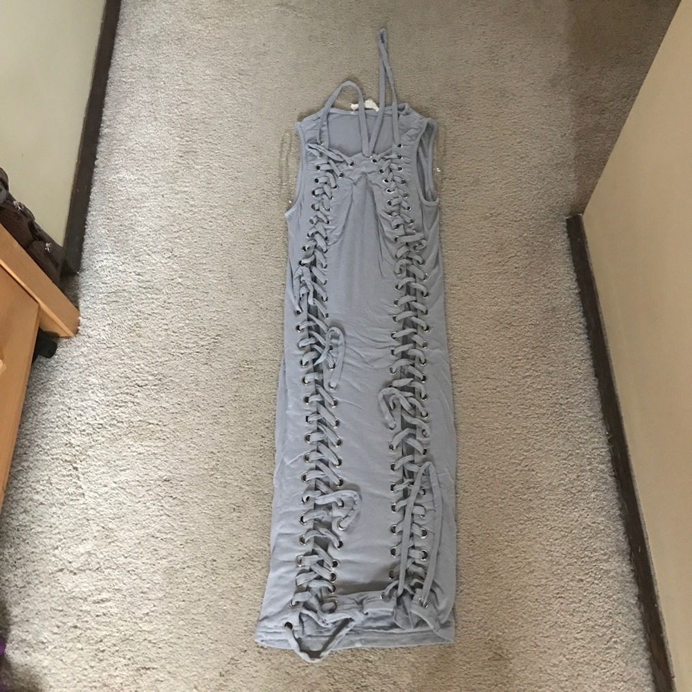 Grey sleeveless dress with front lace detail