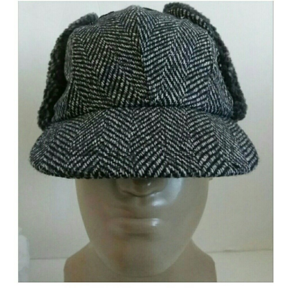 Men's Herringbone Sherpa Lined Ear Flap Hat Cap - Picture 2 of 6