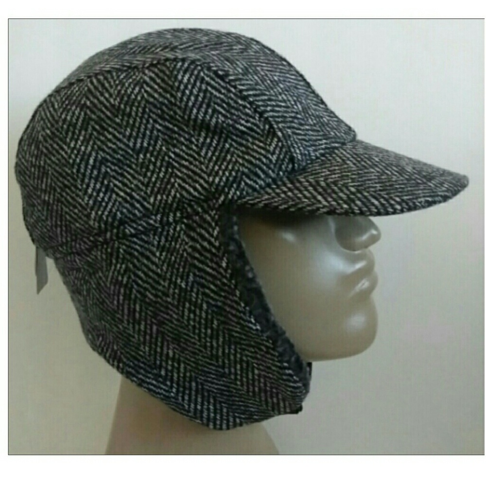 Men's Herringbone Sherpa Lined Ear Flap Hat Cap - Picture 5 of 6