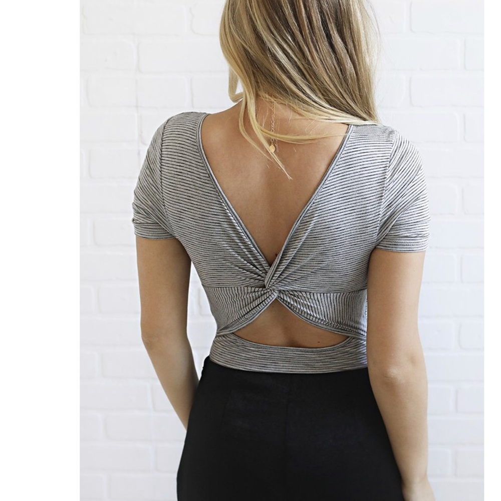 NWT grey striped body suit with open twisted back