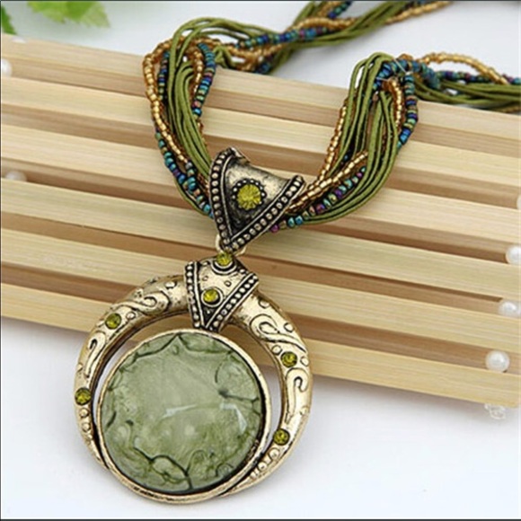 Jewelry - Bohemian Multi Layer Necklace Olive Green Pendant