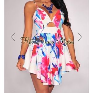 Off White Floral Pleated Flared Dress