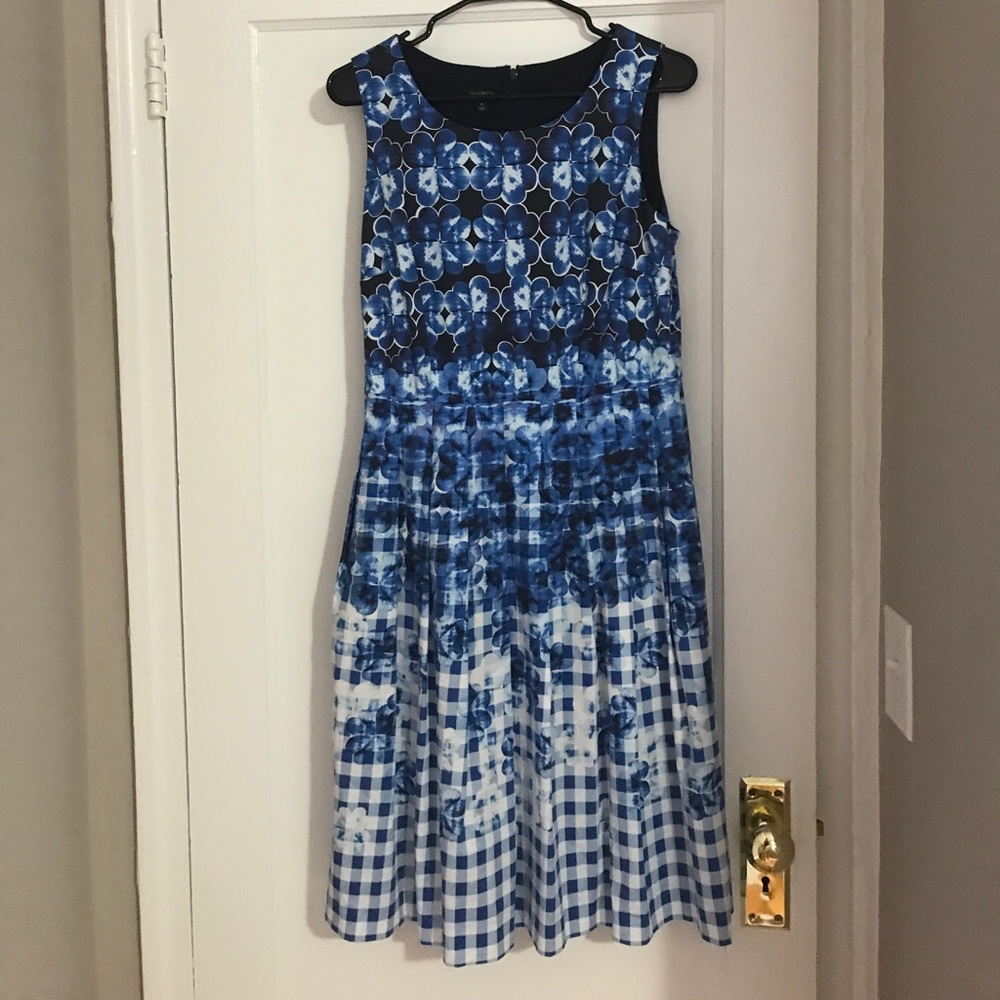 Blue floral and plaid print dress