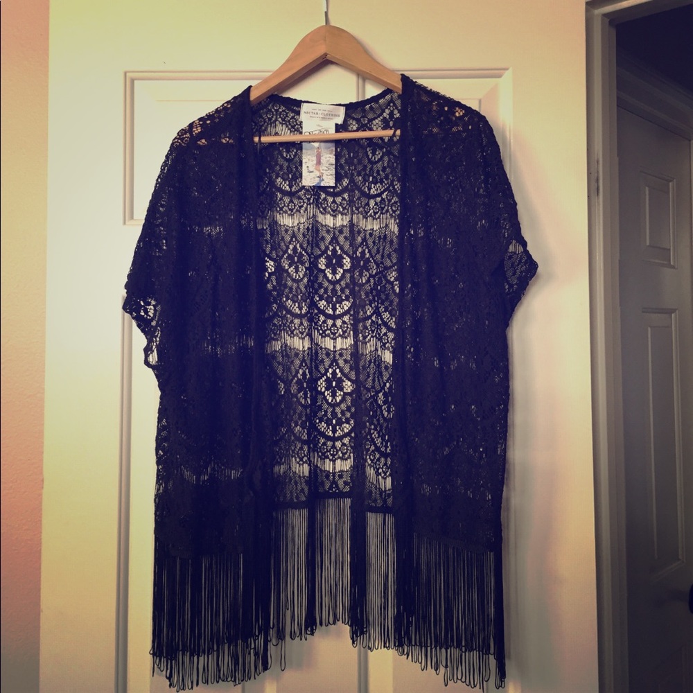 Nectar Black Lace Fringe Kimono Cardigan M