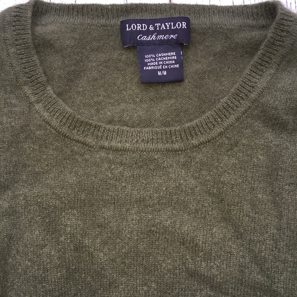 LORD & TAYLOR olive green 100% cashmere crew neck - Picture 6 of 6