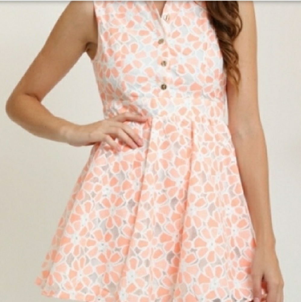Coral Eyelet Button Up Skater Dress, - Picture 2 of 2