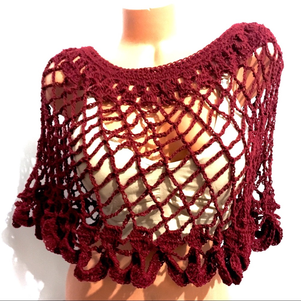 Handmade Crochet Poncho Wrap Short Cape Burgundy