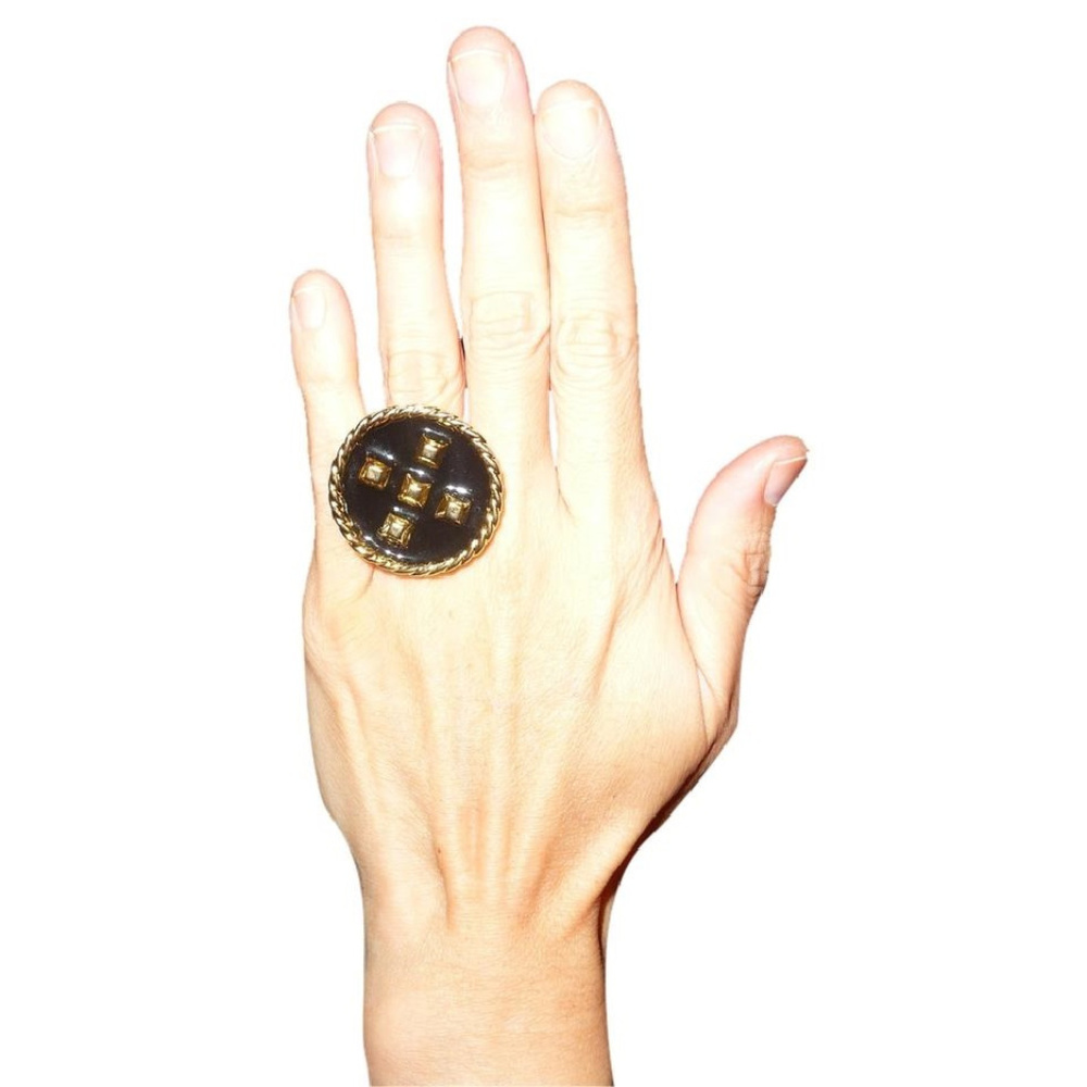 Giles & Brother Black Enamel Gold-Tone Nailhead Cocktail Statement Ring Sz 5.5/S