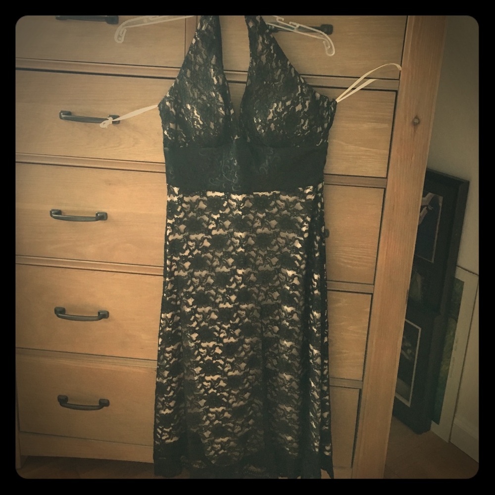 Black lace halter dress with cream lining