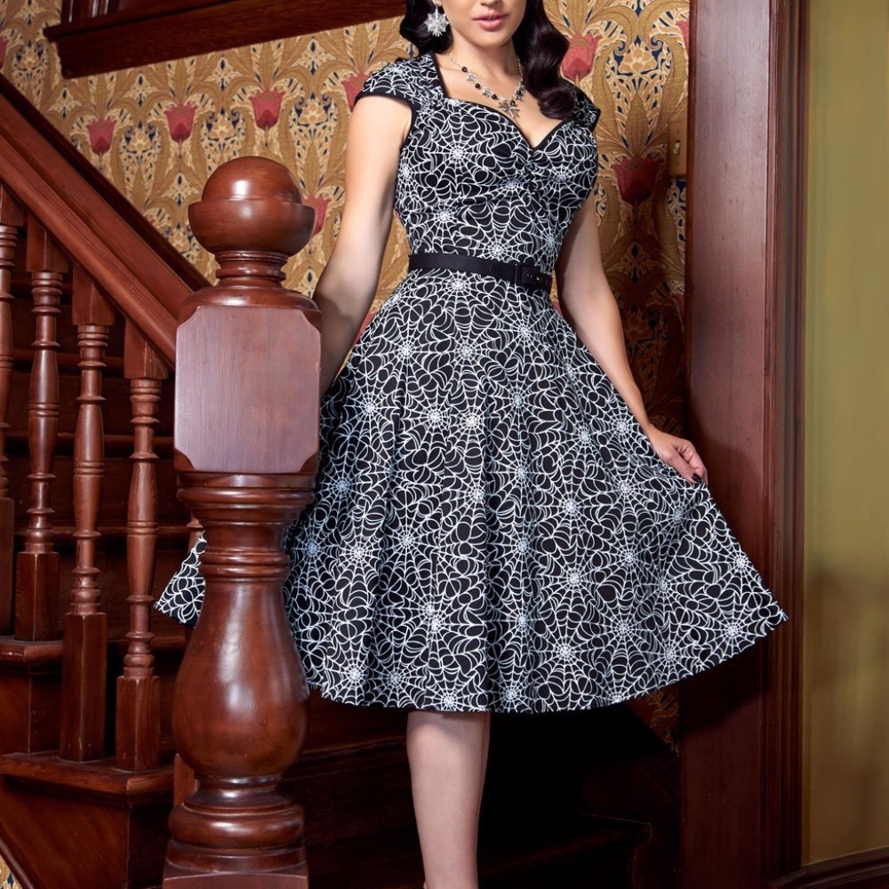 Goth Pinup Couture Swing Dress in Spider Web Print