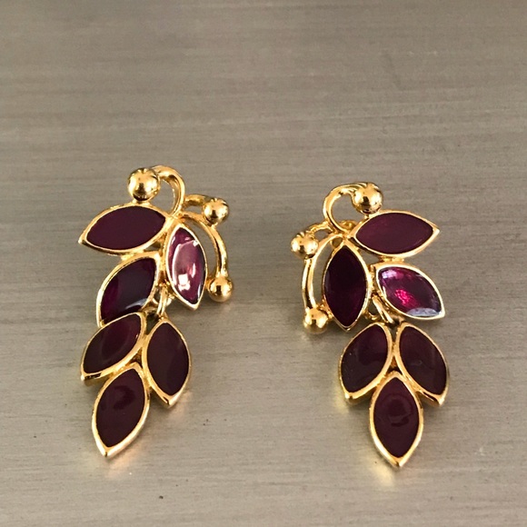 Boutique Jewelry - Purple Gold Jeweled Leaf Earrings