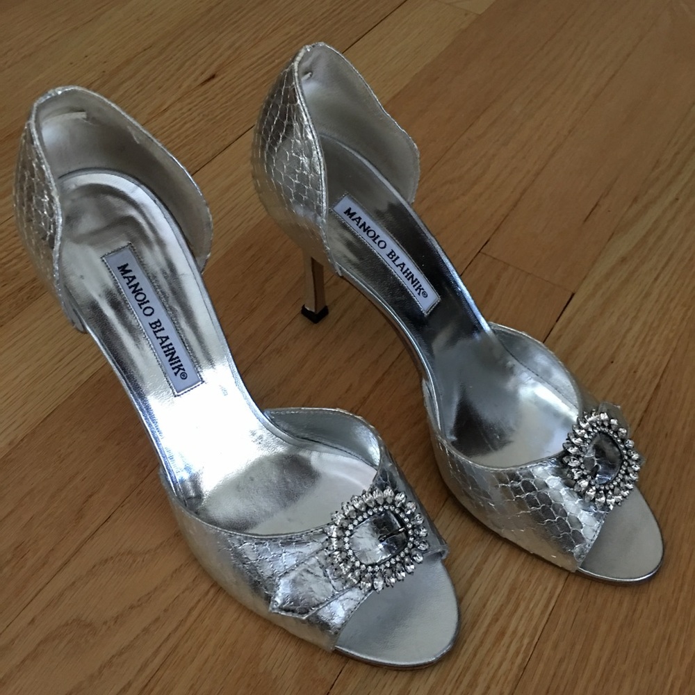Manolo Blahnik Silver Python Sedaraby Stilettos