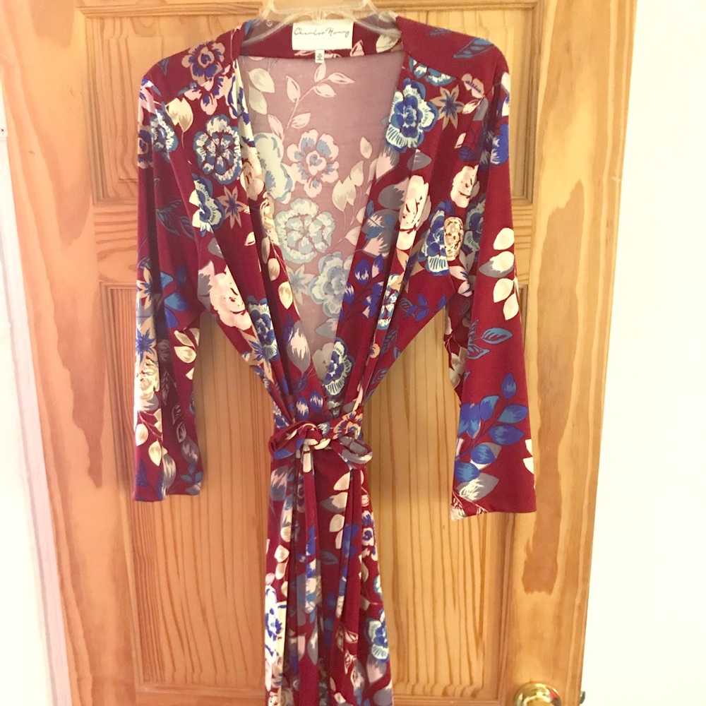 burgundy floral wrap dress