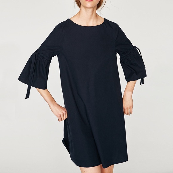 Zara Navy cotton dress with frilled sleeves - Picture 2 of 5