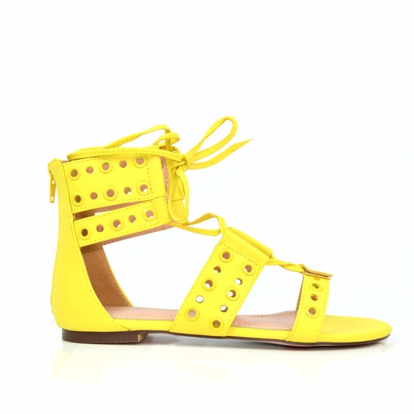 yellow lace up flat sandals