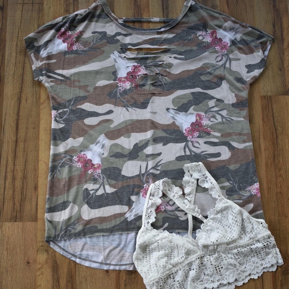 Camo slashed deer bull skull floral top