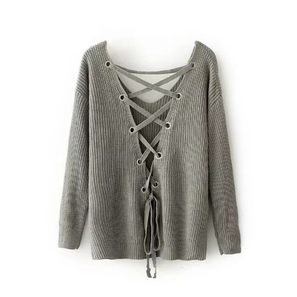Open Back Lace Up Oversized Chunky Knit Sweater - Picture 5 of 5