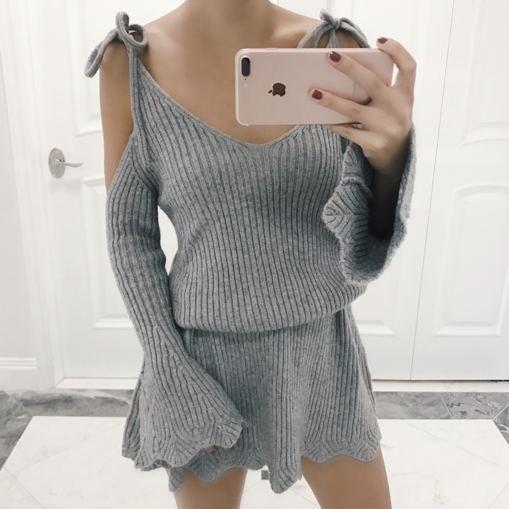 • Alina Gray Cold Shoulder Sweater Dress • - Picture 1 of 7