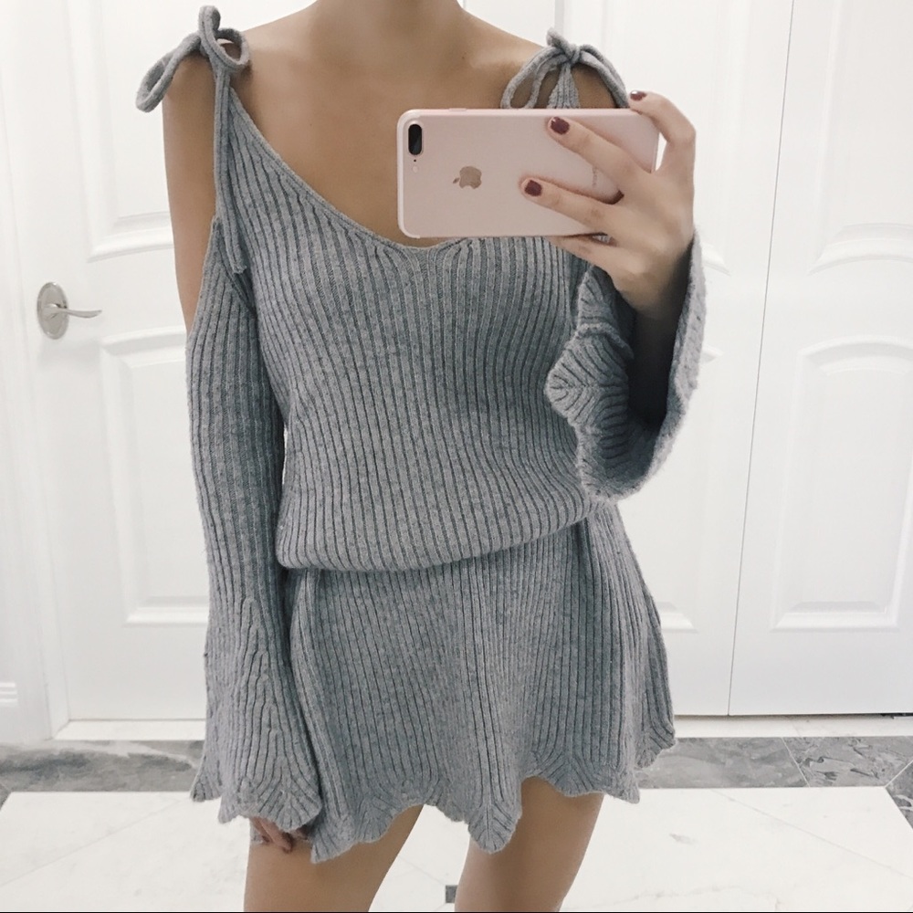 • Alina Gray Cold Shoulder Sweater Dress • - Picture 5 of 7